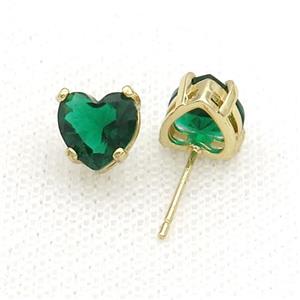 Copper Stud Earring Pave Green Crystal Heart Gold Plated, approx 8mm