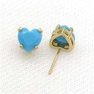 Copper Stud Earring Pave Turq Crystal Heart Gold Plated, approx 8mm