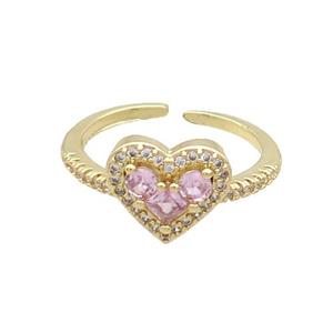 Copper Ring Pave Pink Zircon Heart Gold Plated, approx 10-12mm, 18mm dia