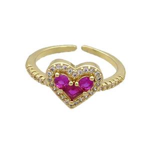 Copper Ring Pave Hotpink Zircon Heart Gold Plated, approx 10-12mm, 18mm dia