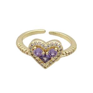 Copper Ring Pave Purple Zircon Heart Gold Plated, approx 10-12mm, 18mm dia