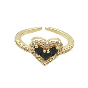 Copper Ring Pave Black Zircon Heart Gold Plated, approx 10-12mm, 18mm dia