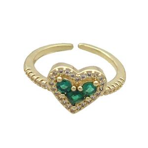 Copper Ring Pave Green Zircon Heart Gold Plated, approx 10-12mm, 18mm dia
