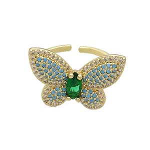 Copper Butterfly Ring Pave Turq Zircon Gold Plated, approx 16-22mm, 18mm dia