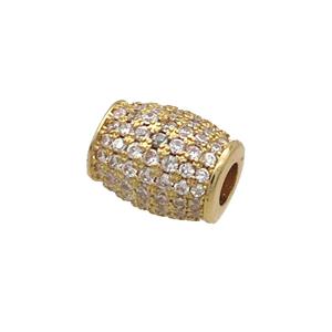 Copper Barrel Beads Pave Zircon Large Hole Gold Plated, approx 8-10mm, 3mm hole