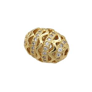 Copper Barrel Beads Pave Zircon Gold Plated, approx 10-13mm