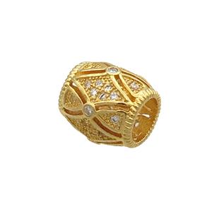 Copper Barrel Beads Pave Zircon Large Hole Gold Plated, approx 10-10.5mm, 5mm hole