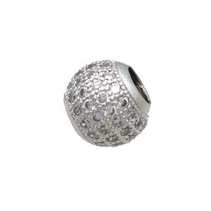 Copper Round Beads Pave Zircon Large Hole Platinum Plated, approx 10-12mm, 5mm hole