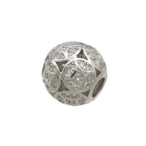 Copper Round Beads Pave Zircon Large Hole Platinum Plated, approx 11.5-12.5mm, 4mm hole