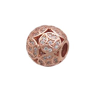 Copper Round Beads Pave Zircon Large Hole Rose Gold, approx 11.5-12.5mm, 4mm hole