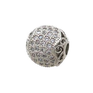 Copper Round Beads Pave Zircon Platinum Plated, approx 12mm dia