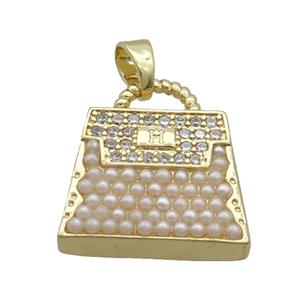 Copper Bag Charm Pendant Pave Zircon Pearlized Resin Gold Plated, approx 16-22mm