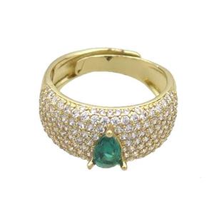 Copper Ring Pave Zircon Green Crystal Glass Teardrop Adjustable Gold Plated, approx 5-7mm, 9mm, 18mm dia