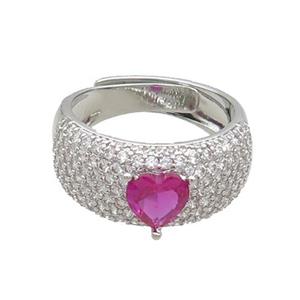 Copper Ring Pave Zircon Hotpink Crystal Glass Heart Adjustable Platinum Plated, approx 6mm, 9mm, 18mm dia