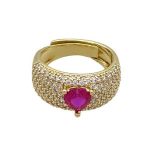 Copper Ring Pave Zircon Hotpink Crystal Glass Heart Adjustable Gold Plated, approx 6mm, 9mm, 18mm dia