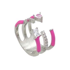 Copper Ring Pave Zircon Hotpink Enamel Platinum Plated, approx 12mm, 17mm dia