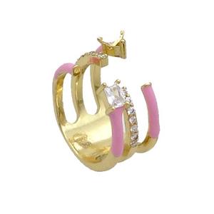 Copper Ring Pave Zircon Pink Enamel Gold Plated, approx 12mm, 17mm dia