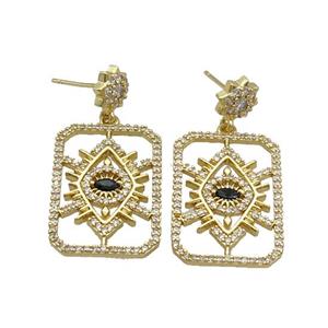 Copper Stuc Earring Pave Zircon Rectangle Eye Gold Plated, approx 17-24mm, 8mm
