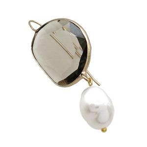 Copper Hook Earring With Pearlized Shell Smoky Cat Eye Glass Gold Plated, approx 20-25mm, 11-14mm