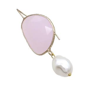Copper Hook Earring With Pearlized Shell Pink Cat Eye Glass Gold Plated, approx 20-25mm, 11-14mm