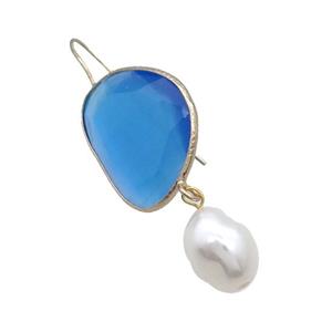 Copper Hook Earring With Pearlized Shell Blue Cat Eye Glass Gold Plated, approx 20-25mm, 11-14mm