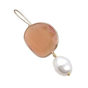 Copper Hook Earring With Pearlized Shell Peach Cat Eye Glass Gold Plated, approx 20-25mm, 11-14mm