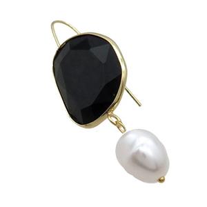 Copper Hook Earring With Pearlized Shell Black Cat Eye Glass Gold Plated, approx 20-25mm, 11-14mm