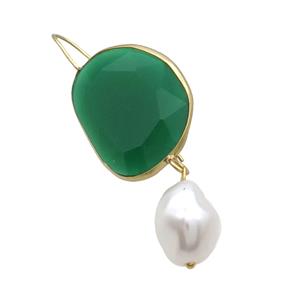 Copper Hook Earring With Pearlized Shell Green Cat Eye Glass Gold Plated, approx 20-25mm, 11-14mm