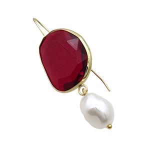 Copper Hook Earring With Pearlized Shell Red Cat Eye Glass Gold Plated, approx 20-25mm, 11-14mm