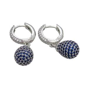 Coppear Hoop Earring Pave Blue Zircon Teardrop Platinum Plated, approx 10-14mm, 14mm dia