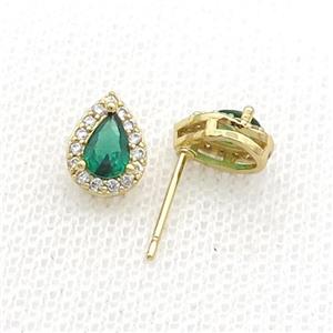 Copper Stud Earring Pave Green Crystal Teardrop Gold Plated, approx 7-9mm