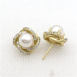 Copper Stud Earring Flower Pave Zircon Pearlized Shell Gold Plated, approx 8mm, 13-14mm