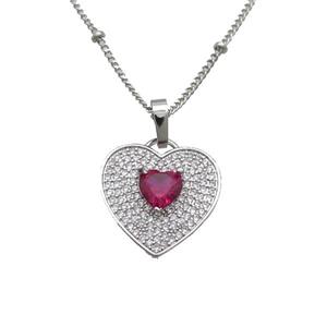 Copper Necklace With Heart Pave Zircon Red Platinum Plated, approx 17mm, 40-45cm length