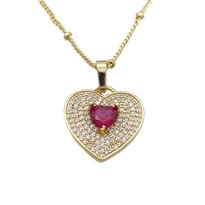 Copper Necklace With Heart Pave Zircon Red Gold Plated, approx 17mm, 40-45cm length