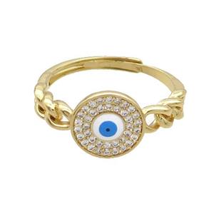 Copper Ring Pave Zircon White Enamel Evil Eye Adjustable Gold Plated, approx 10mm, 18mm dia