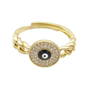Copper Ring Pave Zircon Black Enamel Evil Eye Adjustable Gold Plated, approx 10mm, 18mm dia
