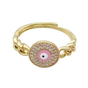 Copper Ring Pave Zircon Pink Enamel Evil Eye Adjustable Gold Plated, approx 10mm, 18mm dia
