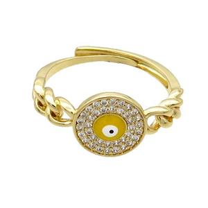 Copper Ring Pave Zircon Yellow Enamel Evil Eye Adjustable Gold Plated, approx 10mm, 18mm dia