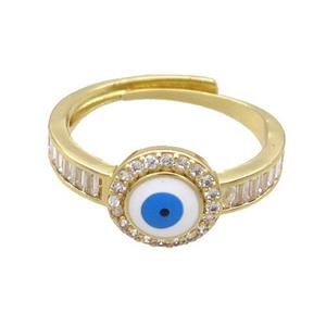 Copper Ring Pave Zircon White Enamel Evil Eye Adjustable Gold Plated, approx 9.5mm, 18mm dia