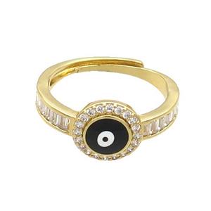 Copper Ring Pave Zircon Black Enamel Evil Eye Adjustable Gold Plated, approx 9.5mm, 18mm dia