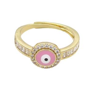 Copper Ring Pave Zircon Pink Enamel Evil Eye Adjustable Gold Plated, approx 9.5mm, 18mm dia