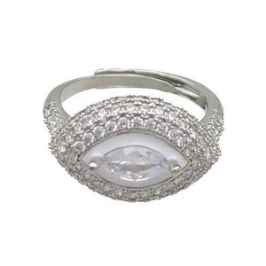 Copper Ring Pave Zircon White Enamel Eye Adjustable Platinum Plated, approx 13-19mm, 18mm dia