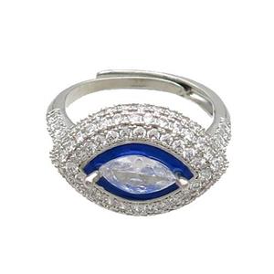 Copper Ring Pave Zircon Blue Enamel Eye Adjustable Platinum Plated, approx 13-19mm, 18mm dia