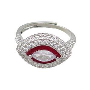 Copper Ring Pave Zircon Red Enamel Eye Adjustable Platinum Plated, approx 13-19mm, 18mm dia