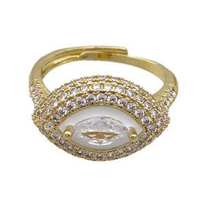 Copper Ring Pave Zircon White Enamel Eye Adjustable Gold Plated, approx 13-19mm, 18mm dia
