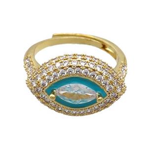 Copper Ring Pave Zircon Teal Enamel Eye Adjustable Gold Plated, approx 13-19mm, 18mm dia