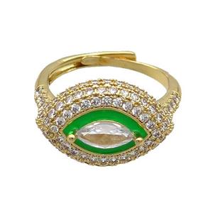 Copper Ring Pave Zircon Green Enamel Eye Adjustable Gold Plated, approx 13-19mm, 18mm dia
