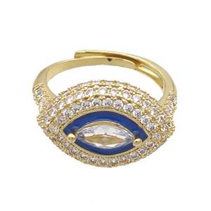Copper Ring Pave Zircon Blue Enamel Eye Adjustable Gold Plated, approx 13-19mm, 18mm dia
