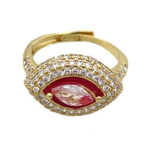 Copper Ring Pave Zircon Red Enamel Eye Adjustable Gold Plated, approx 13-19mm, 18mm dia