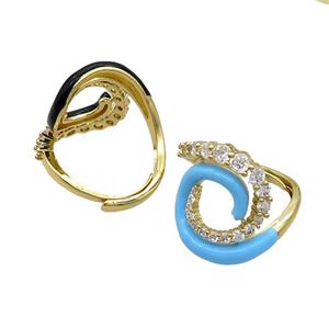 Copper Ring Pave Zircon Blue Enamel Adjustable Gold Plated, approx 20mm, 20mm dia